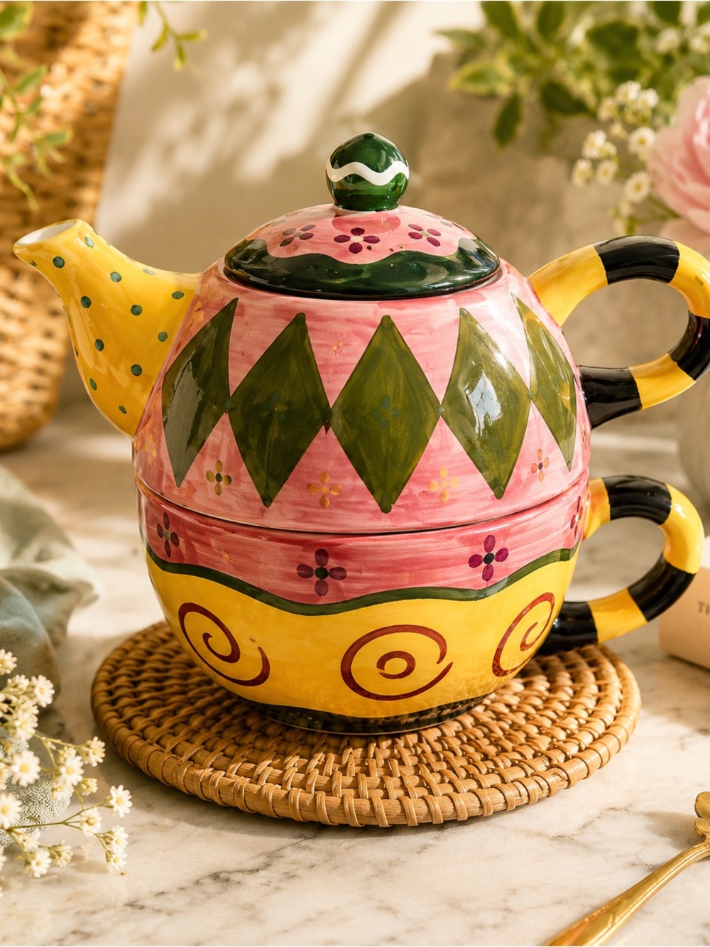 Ohlmark Tea for One Hand Painted Stacking Teapot Cup Set Whimsical